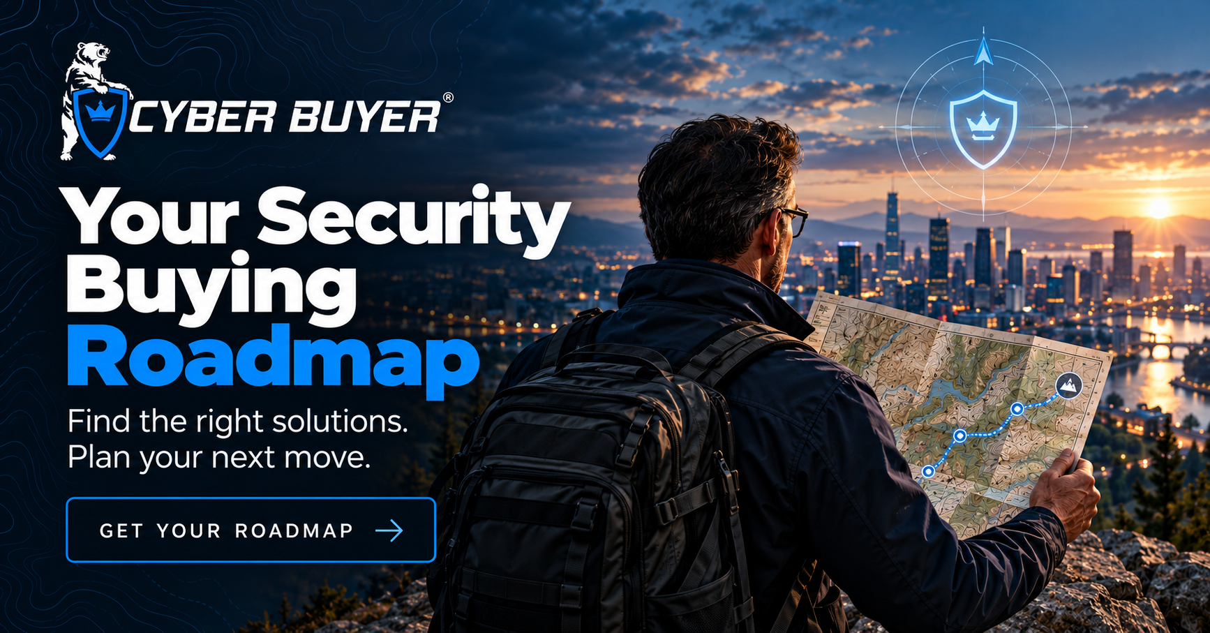 Charting the cybersecurity buying roadmap: an advisor reading a route from requirements to the right solution, with the CYBER BUYER crest above a city skyline