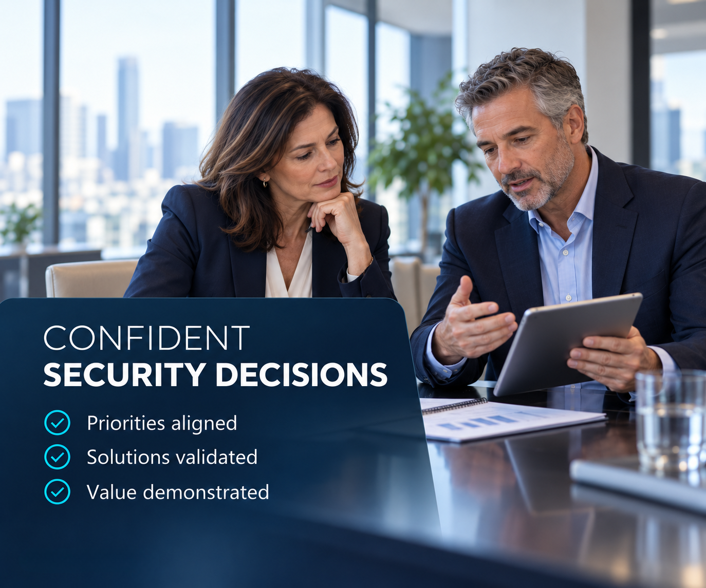 Two advisors reviewing security priorities, validated solutions and demonstrated value together